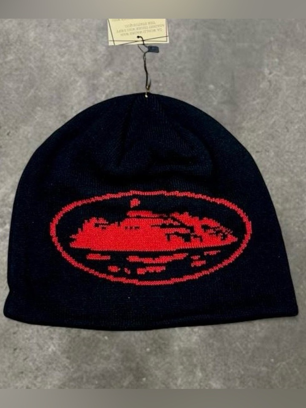 Black Knit Beanie with Red Graphic Logo